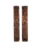 A pair of French carved oak panels, 18th Century, one carved with a bare breasted caryatid,