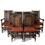 A set of eight Jacobean style walnut dining chairs, late 19th Century,