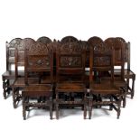 A harlequin set of twelve oak back stools, Lancashire, late 17th Century,