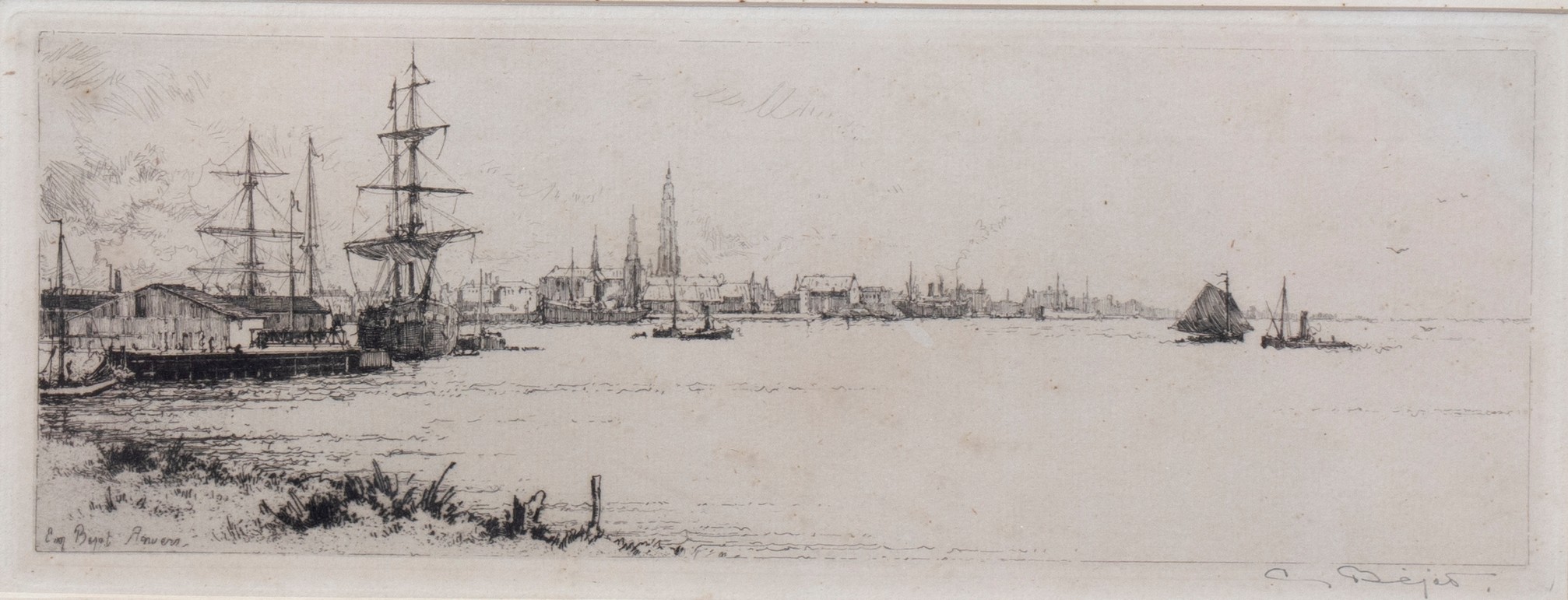 Eugene Bejot (French 1867-1931)/Quai du Rhin, Anvers/signed/etching, 9.5cm x 25.