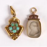 An Edwardian turquoise, diamond and split pearl pendant set in yellow metal,