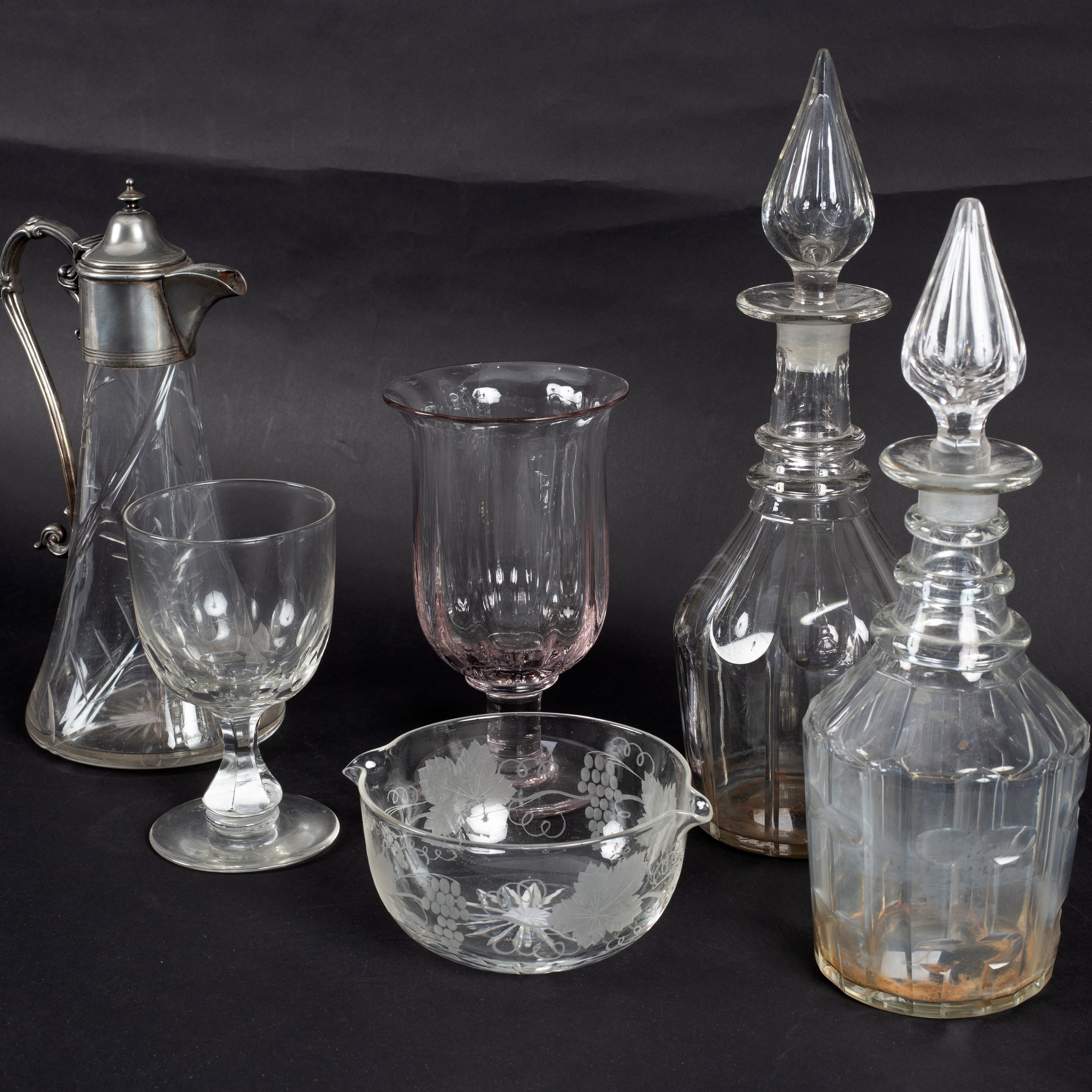 A group of 19th Century and later glass to include a plate mounted claret jug, two decanters, - Image 2 of 2