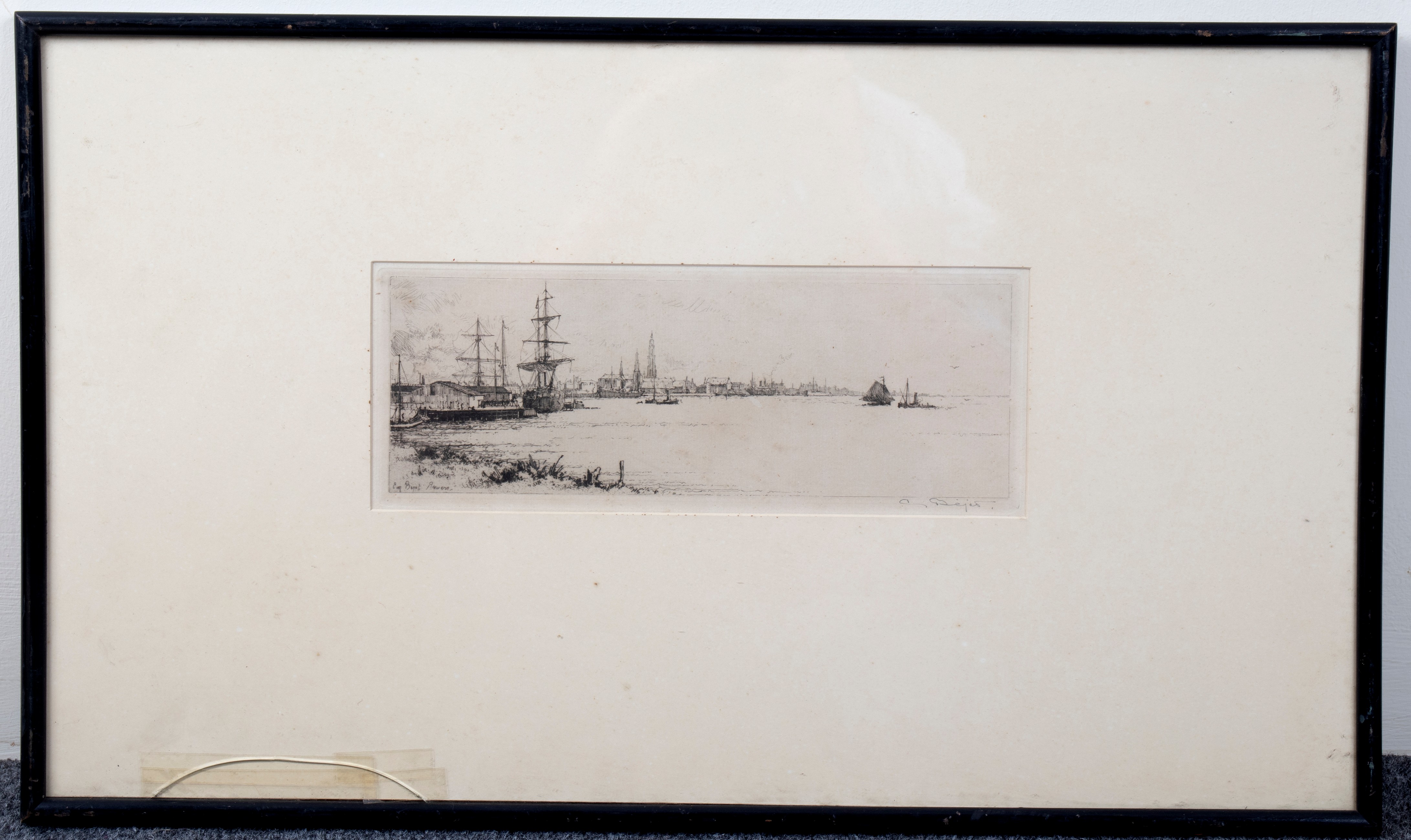 Eugene Bejot (French 1867-1931)/Quai du Rhin, Anvers/signed/etching, 9.5cm x 25. - Image 2 of 2