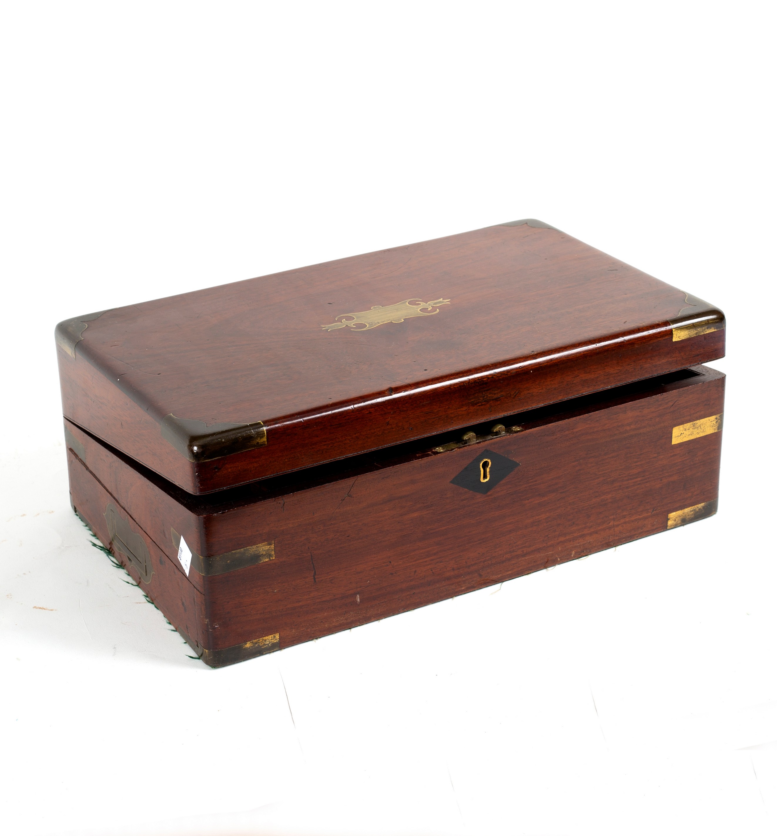 A Victorian mahogany brass bound writing box with fitted interior and drawer to the side,