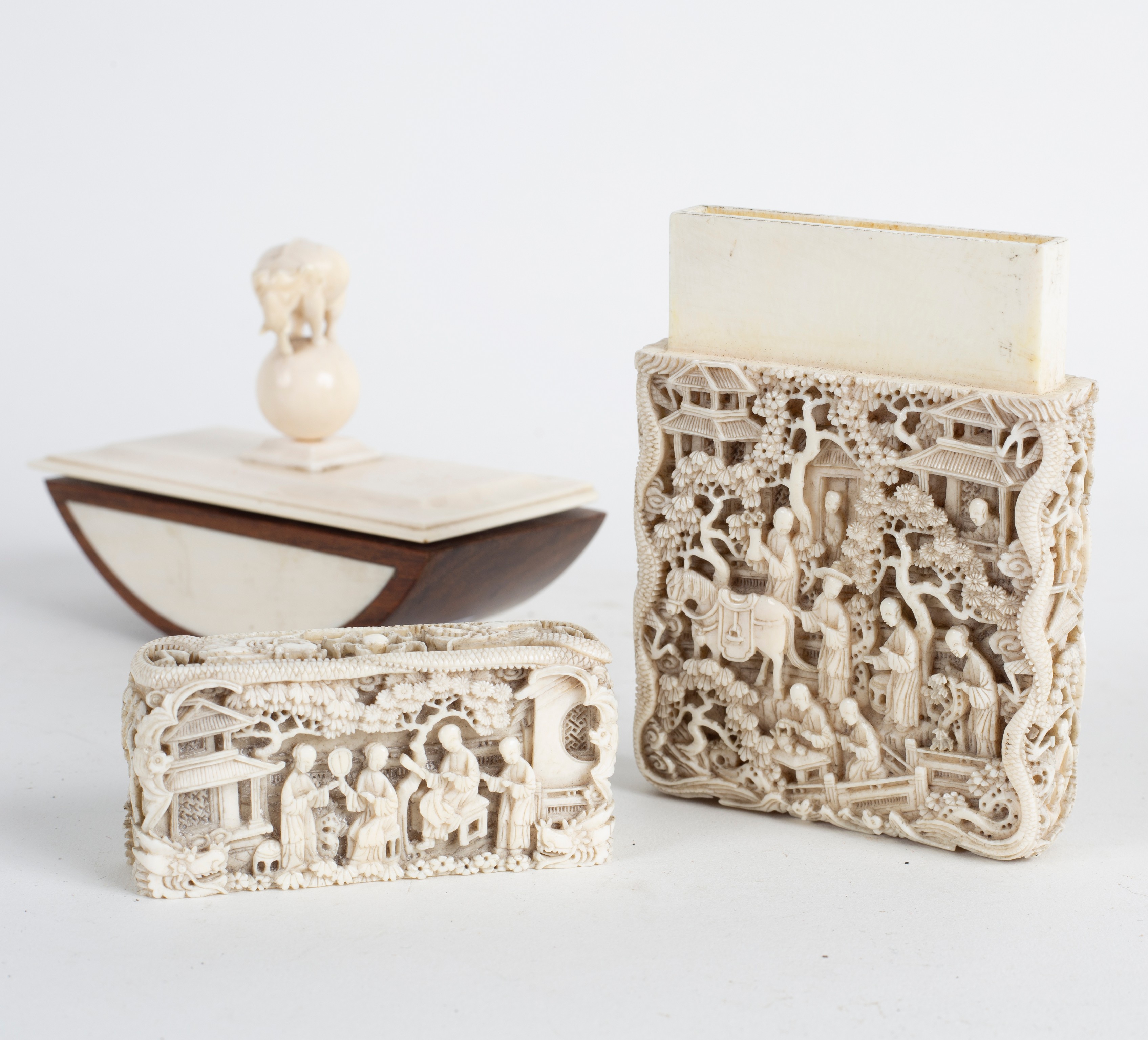 A Chinese carved ivory visiting card case with figures in buildings, - Image 2 of 2