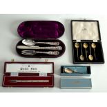 A Victorian silver three-piece Christening set of knife, fork and spoon, a cased silver pickle fork,