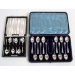 Six silver coffee spoons, Birmingham 1965 and twelve coffee spoons with matching tongs, London 1893,