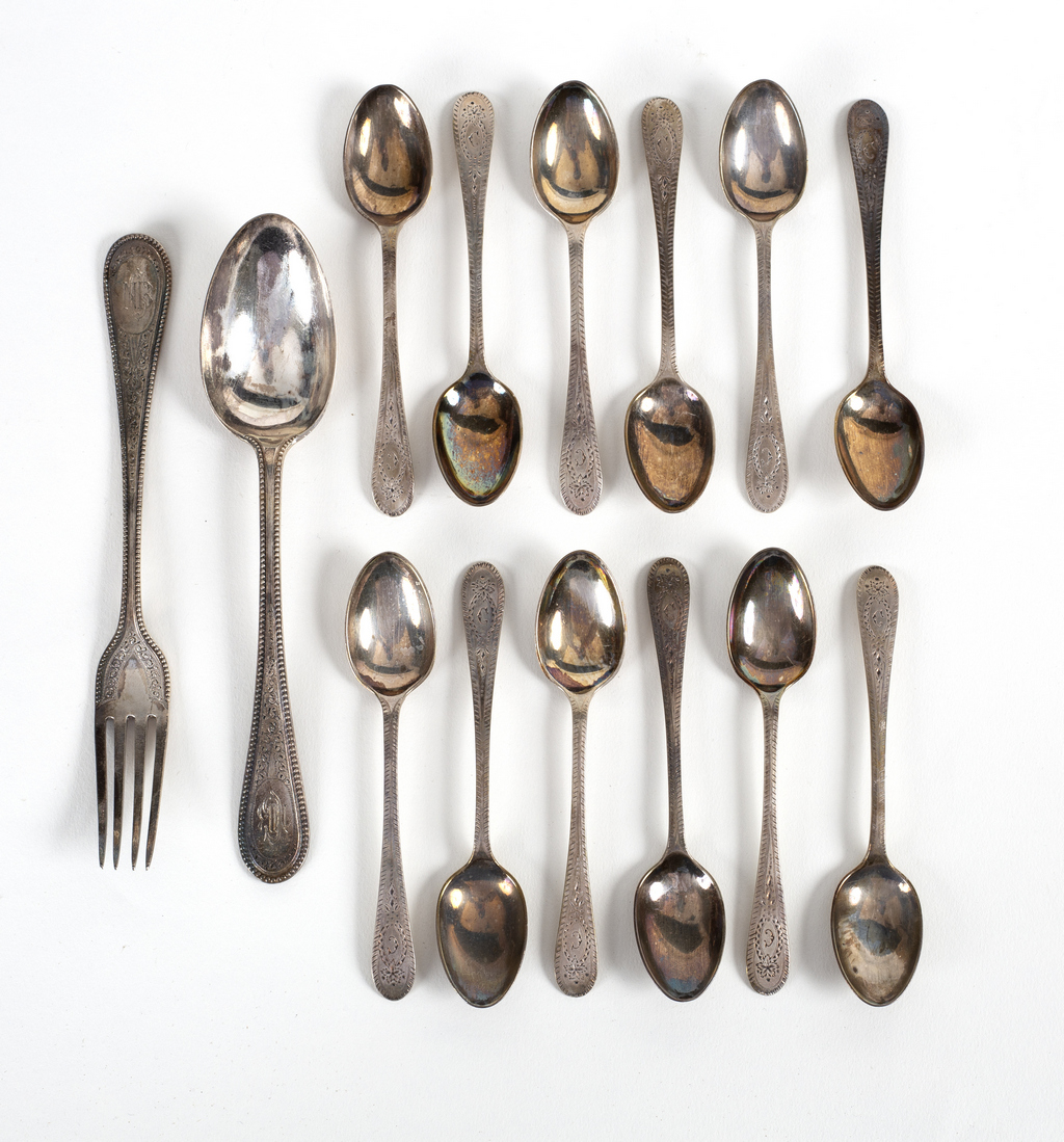 Six Victorian silver teaspoons, HH, Sheffield 1883 and a silver Christening spoon and fork,