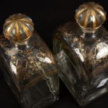 Five etched and cut glass dressing table jars/bottles mounted in 9ct gold