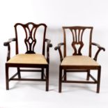 Two George III style open armchairs with trap seats and splat backs