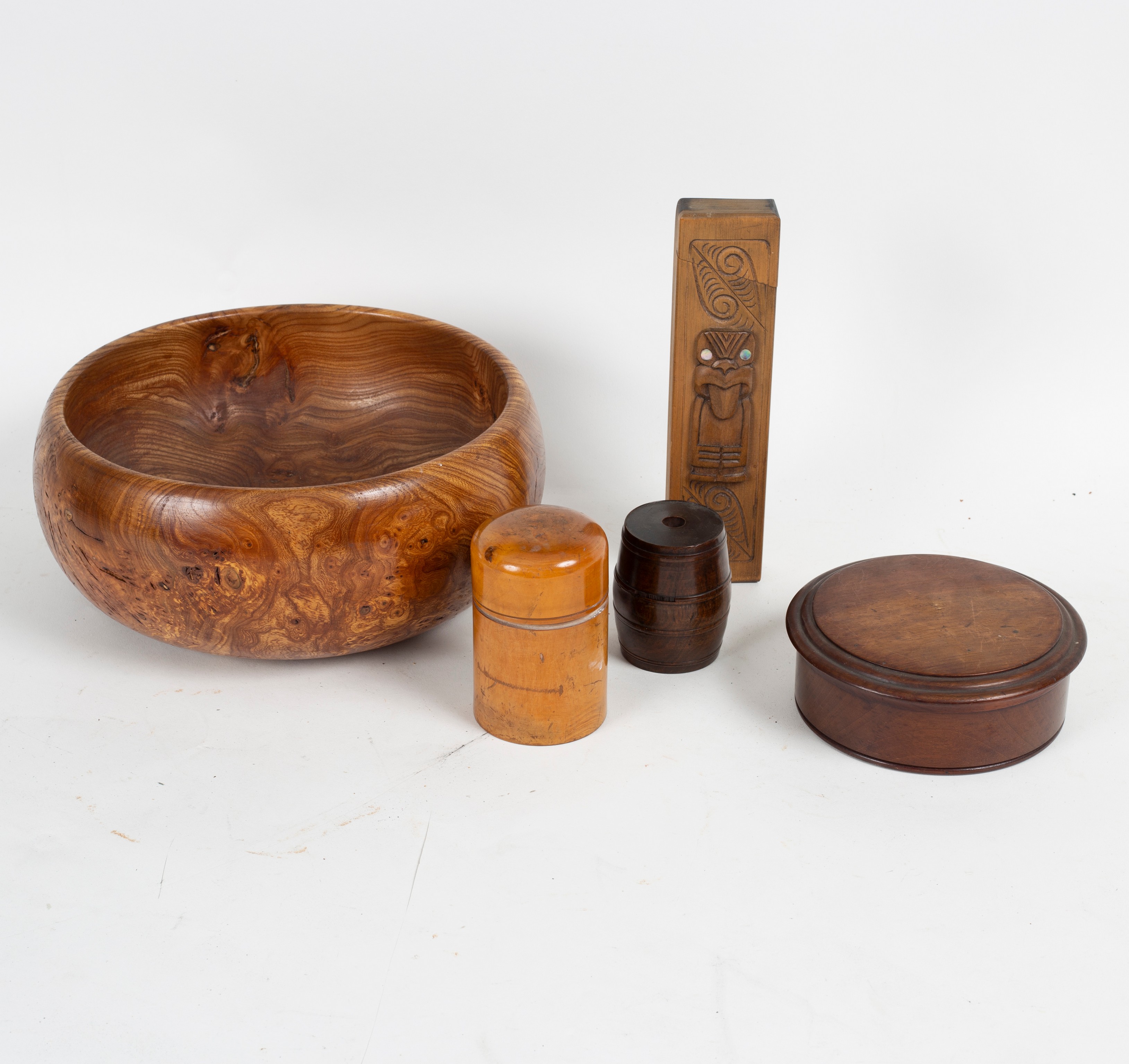 A turned burr wood bowl, a boxwood cased glass jar, a barrel form box etc.