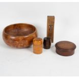 A turned burr wood bowl, a boxwood cased glass jar, a barrel form box etc.