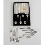 Six silver coffee spoons, SLO, Birmingham 1921, with bean finials, five silver coffee spoons,