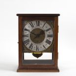 A glass cased mantel clock, the square dial signed J Eleyott, Farring,