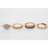 A diamond half-hoop ring, size N½, another similar, a three-row diamond ring,