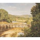 20th Century Continental School/River Landscape/bridge in the foreground/oil on canvas,