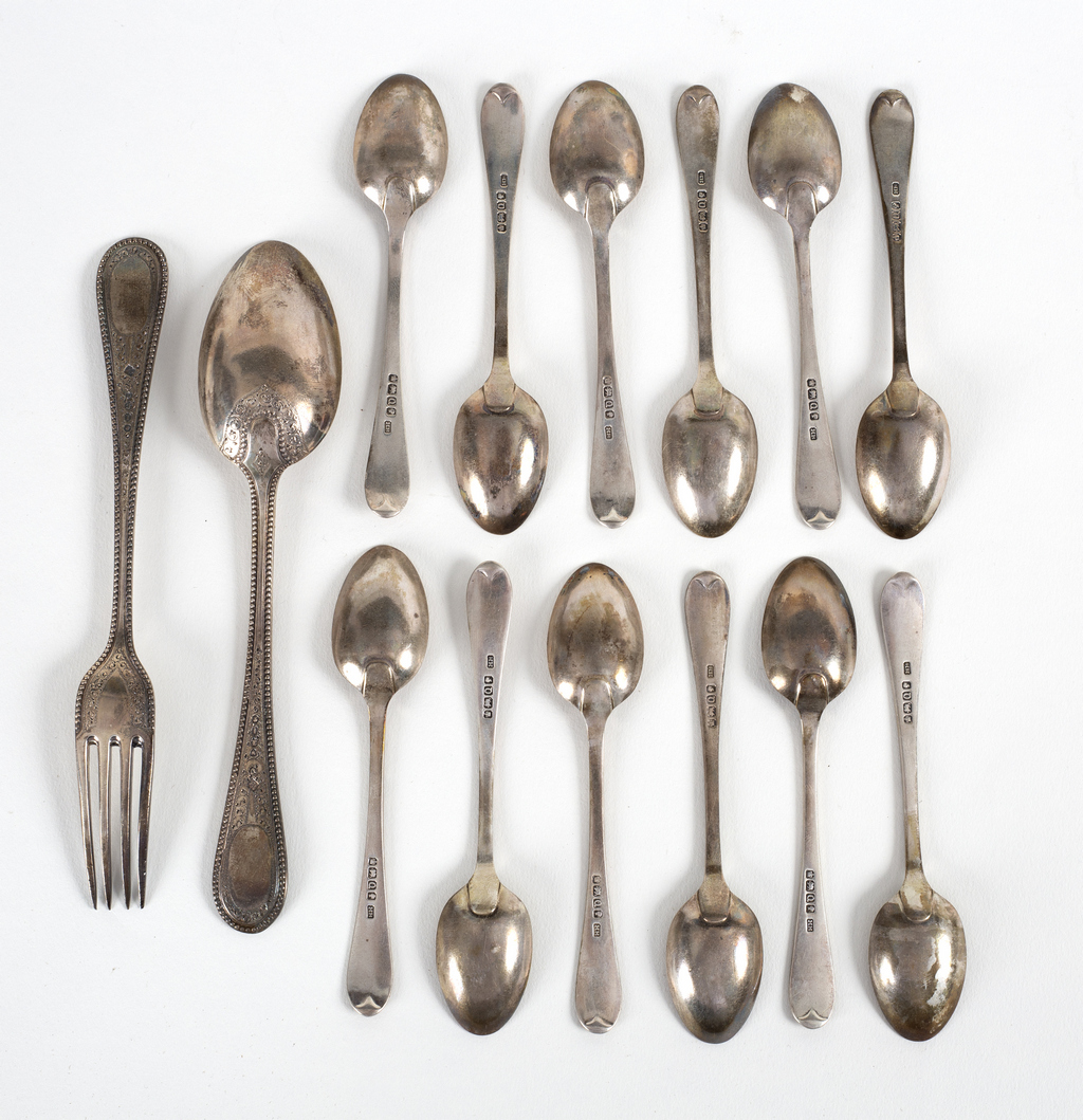 Six Victorian silver teaspoons, HH, Sheffield 1883 and a silver Christening spoon and fork, - Image 2 of 2