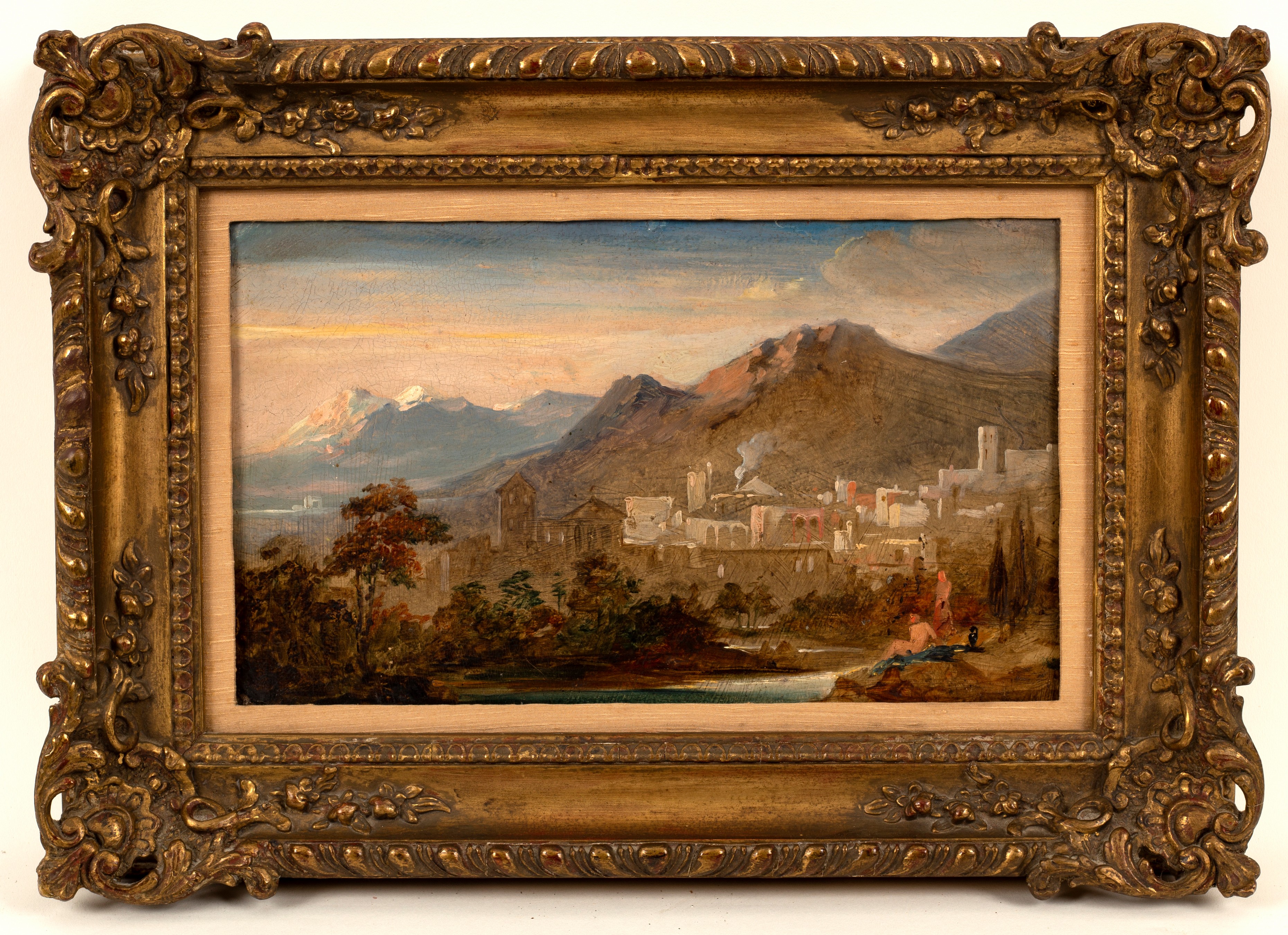 19th Century Continental School/Figures Bathing Beside a River/an Alpine town and mountains in the - Image 2 of 3