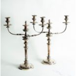 A pair of silver plated three-light, two-branch candelabra,