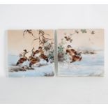 A pair of Japanese porcelain plaques, decorated birds and waterfowl by water, 21.5cm x 21.