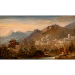 19th Century Continental School/Figures Bathing Beside a River/an Alpine town and mountains in the