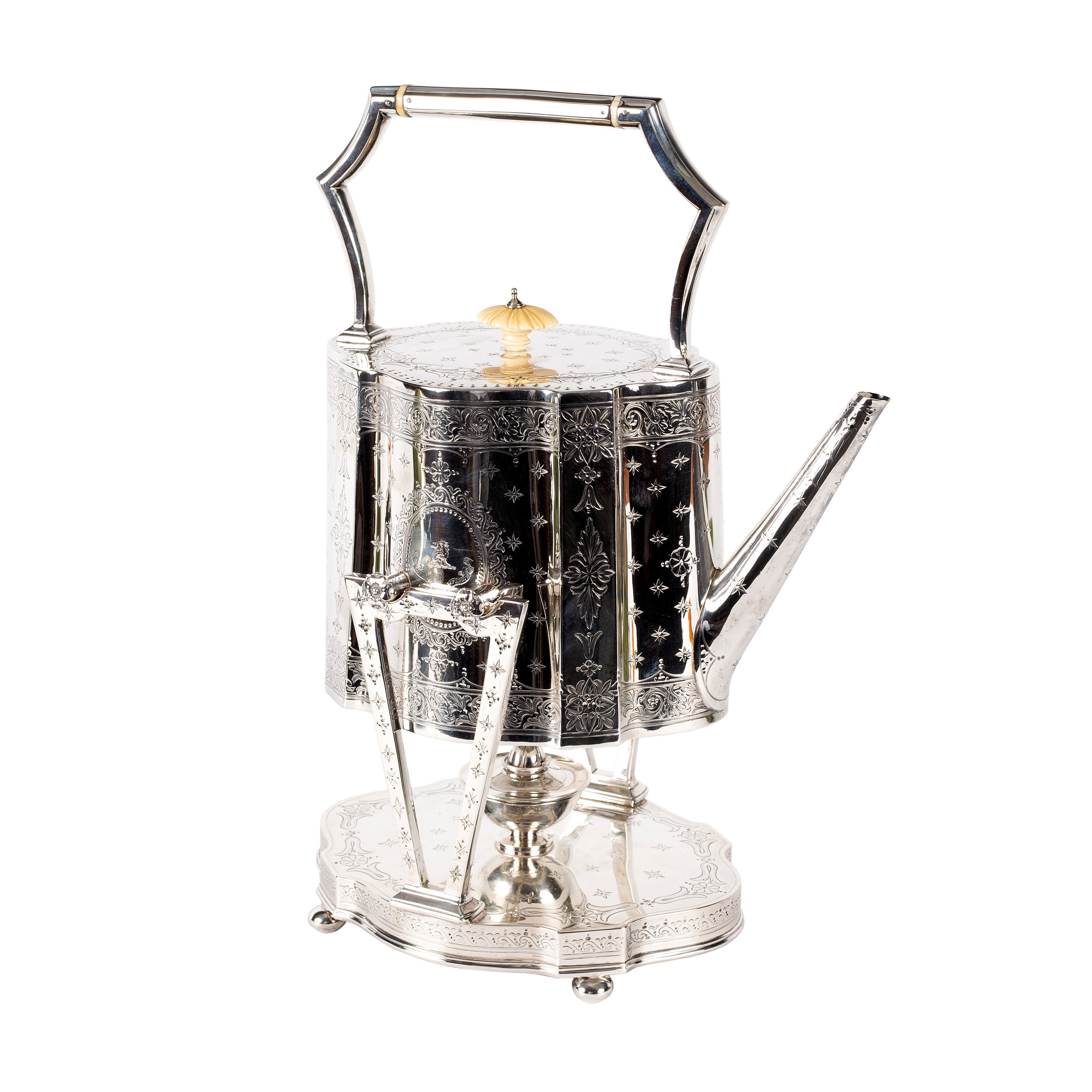 A silver kettle and stand with bright cut engraving, Edward, Edward Jnr.