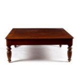 A modern coffee table, the crossbanded top on turned reeded legs,