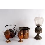 A Victorian lamp with engraved glass shade, a tea kettle,