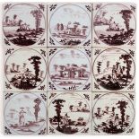 Nine 18th Century Bristol Delftware manganese tiles and five others/see illustration