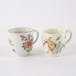 An 18th Century Bristol cup painted flowers and with enamelled 7 mark and a Derby cup