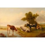 19th Century English School/Cattle Watering/indistinctly signed/oil on canvas, 48cm x 73.