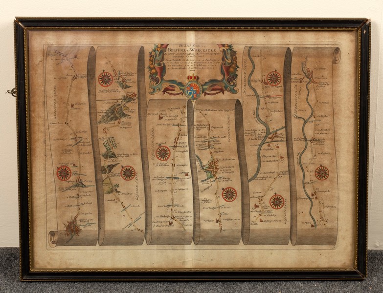 John Ogilby (Scottish 1600-1676)/The Road from Bristoll to Worcester/hand coloured engraved map, 31.