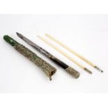 A set of Sino-Tibetan white metal mounted chopsticks, circa 1840,