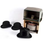 Two silk mourning hats and two bowler hats