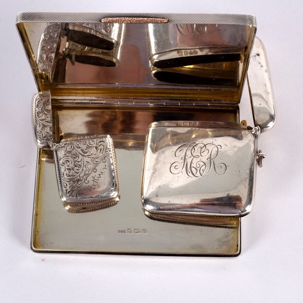 A silver cigarette case, WHM, Birmingham 1946, with yellow metal line inlay and thumb piece, - Image 2 of 2