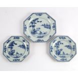 Three Chinese export blue and white octagonal plates, 18th Century,
