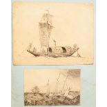 An album of early 19th Century watercolour, pen and ink and pencil drawings,