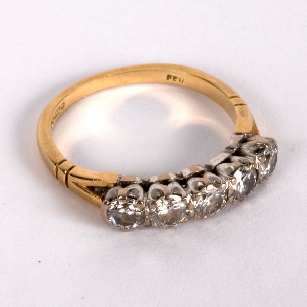 A diamond five-stone ring, claw set in white metal to an 18ct yellow gold shank, - Image 2 of 2