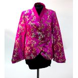 A Chinese style pink silk jacket, another in turquoise, a black taffeta cocktail dress,