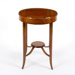 An Edwardian burr elm circular table, inlaid for chess,