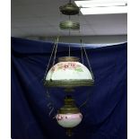 An American Juno ceiling hanging oil lamp with painted glass shade