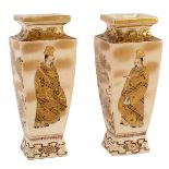 A pair of Japanese square tapering section bottle vases, painted with priests and flowers, signed,