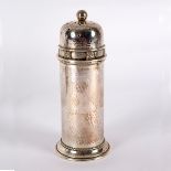 An Arts & Crafts silver caster, AE Jones, Birmingham 1928, of pillar box form with hammered finish,