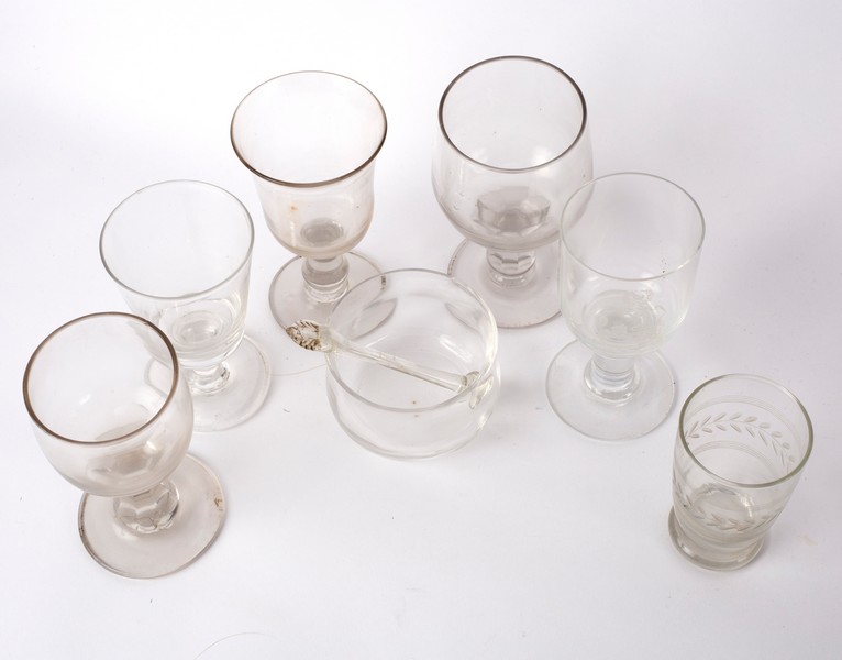 An 18th Century wine glass with knopped stem on a circular base, 14cm high, various other glasses, - Image 2 of 2