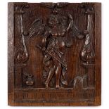 A 17th Century carved oak panel depicting a figure of Justice holding scales and a sword,