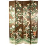 A Chinese painted four-fold screen, decorated exotic birds and insects among flowering branches,