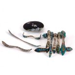 A group of Chinese export silver and enamel hair ornaments, mostly marked with chop marks,