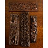 A 17th Century carved oak panel of a man with a basket on his head clasping a serpent in his left