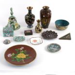 A group of cloisonné items, including hand bell, vases, bowl, opium tray, etc.