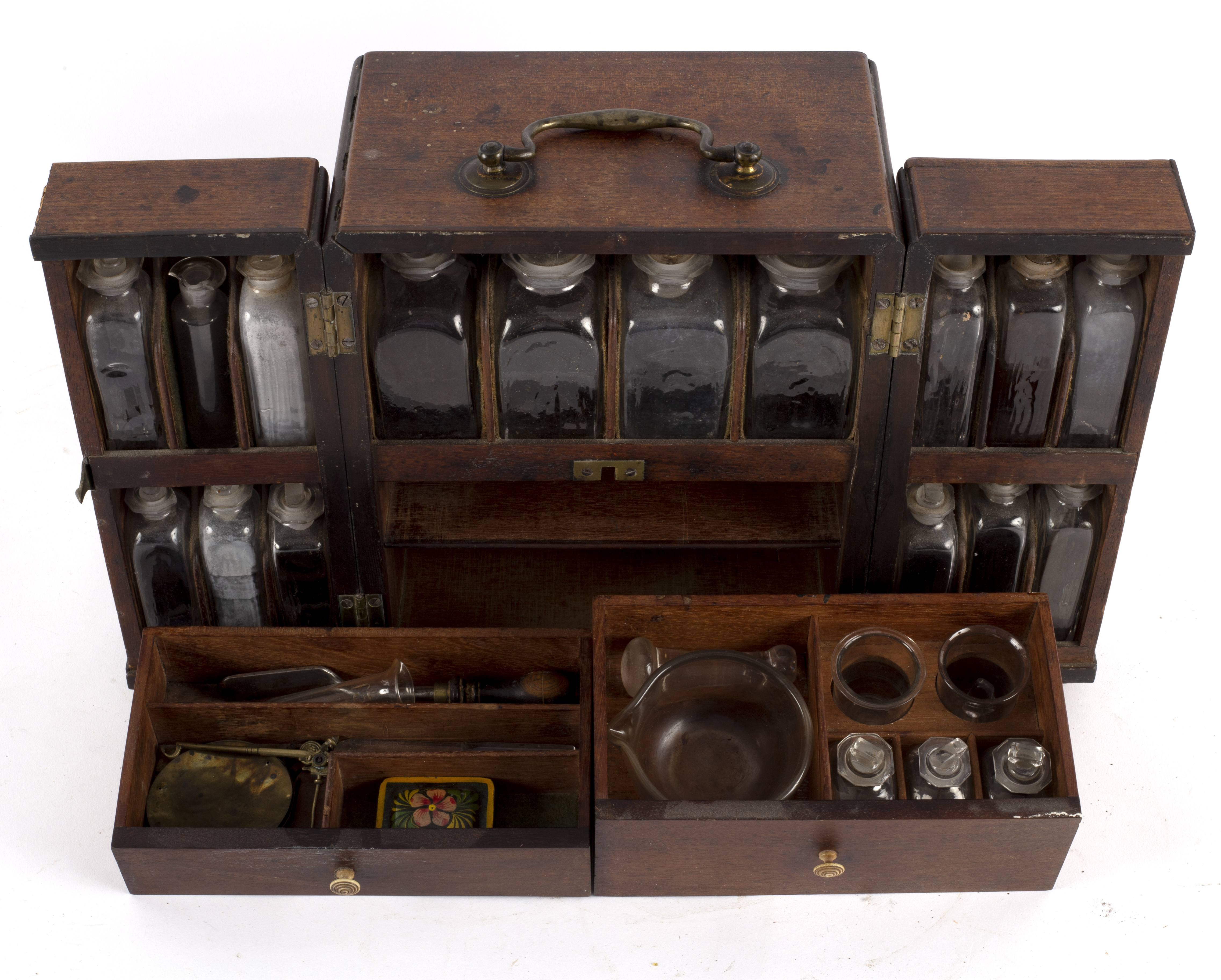 A 19th Century apothecary box, the hinged doors concealing compartments containing medicine bottles, - Image 2 of 3